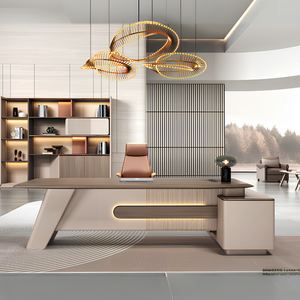 Modern office desk with a stylish chair in a contemporary office setting.