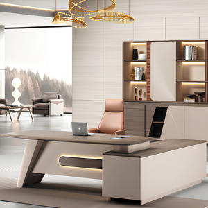 Modern office desk with a chair and shelves in a stylish room.