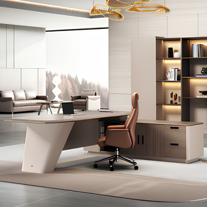 Modern office desk with a chair in a stylish room with shelves and decor.