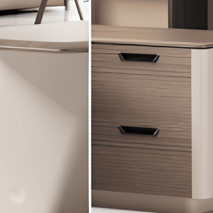 Close-up of a wooden desk with drawers and a white wall background